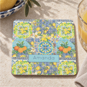 Chique blauwe turquoise Siciliaanse citrus bloemte Stenen Onderzetter
