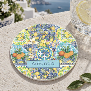 Chique blauwe turquoise Siciliaanse citrus bloemte Zandsteen Onderzetter