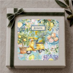 Chique blauwe turquoise Siciliaanse citrus collage Vierkante Sticker