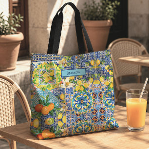 Chique Blauwe Turquoise Siciliaanse Citrus Tegel P Tote Bag