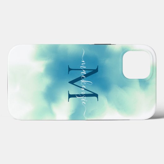 Chique Blauwe Waterverf Abstracte Monogram Case-Mate iPhone Case (Achterkant (horizontaal))