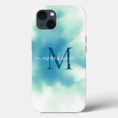 Chique Blauwe Waterverf Abstracte Monogram Case-Mate iPhone Case (Achterkant)