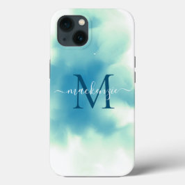 Chique Blauwe Waterverf Abstracte Monogram Case-Mate iPhone Case