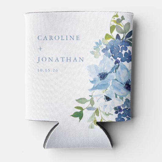 Chique Blauwe Waterverf Bloemen Aangepaste Bruilof Blikjeskoeler (Voorkant)