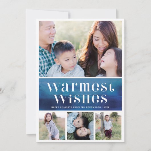 Chique Blauwe Waterverf Warm Wishes Kerst Foto Feestdagenkaart (Voorkant)