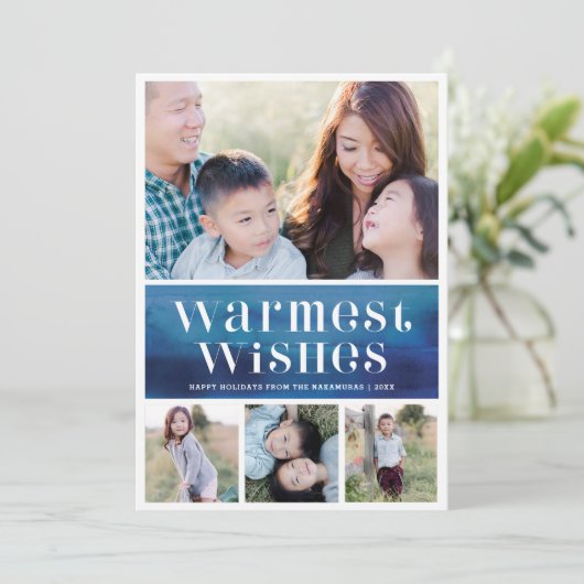 Chique Blauwe Waterverf Warm Wishes Kerst Foto Feestdagenkaart (Staand voorkant)