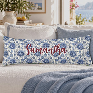 Chique blauwe witte bloem chinoiserie toile monogr lichaamskussen