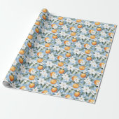 Chique blauwe witte bloemen Sinaasappels Bruidsdou Cadeaupapier (Uitgerold)