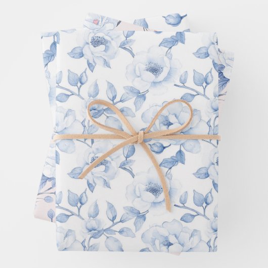 Chique Blauwe Witte Bloemige Bruids-Shower Inpakpapier Vel (In situ)