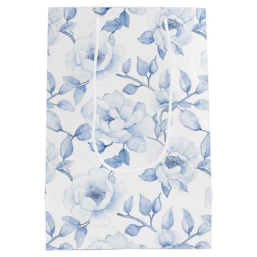 Chique blauwe witte bloemige bruidsfeest bruiloft medium cadeauzakje (Achterkant)