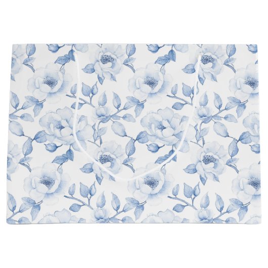 Chique blauwe witte bloemrijke bruidsshowers groot cadeauzakje (Voorkant)