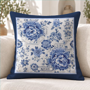 Chique blauwe witte chinoiserie bloemige monogram kussen