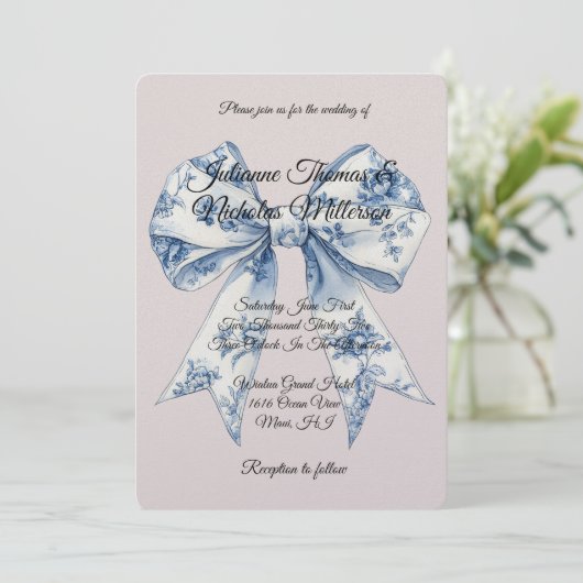 Chique Blauwe Witte Strik Blush Roze Bruiloft Kaart (Staand voorkant)