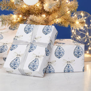Chique blauwe witte strikken ornamenten kerst cadeaupapier