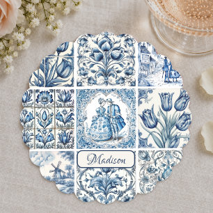 Chique blauwe witte toile de jouy poppen en bloeme kartonnen onderzetters