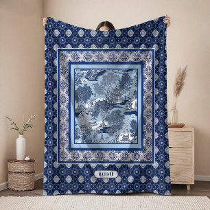 Chique blauwe witte wilg chinoiserie toile monogra fleece deken