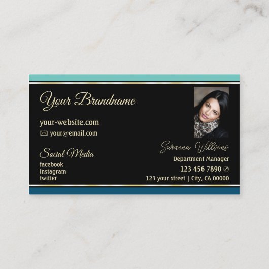 Chique Blauwgroen Blauwe Grenzen op Zwart met Foto Visitekaartje (Achterkant)