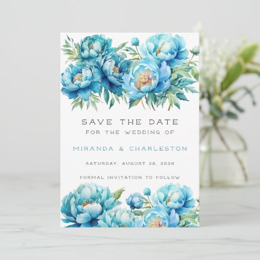 Chique Blauwgroen Blauwe Pioen Bloem Sla de datum  Kaart (Staand voorkant)