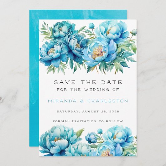 Chique Blauwgroen Blauwe Pioen Bloem Sla de datum  Kaart (Voorkant / Achterkant)