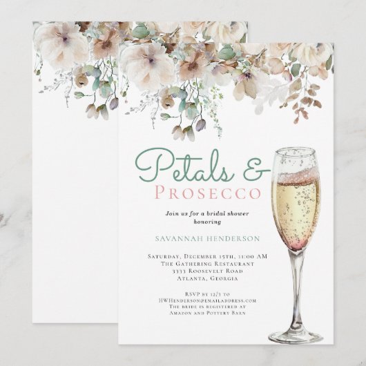 Chique Blauwgroen bloemblaadjes en Prosecco Bloeme Kaart (Voorkant / Achterkant)