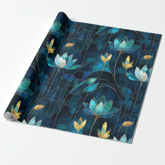 Chique blauwgroen chrysant cadeaupapier (Uitgerold)