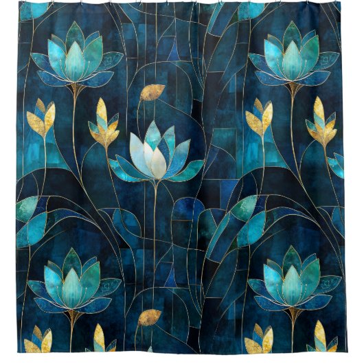 Chique blauwgroen chrysant douchegordijn (Voorkant)