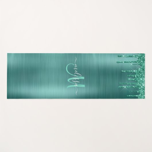 Chique Blauwgroen Dripping Glitter Monogram Naam Yogamat (Voorkant (horizontaal))
