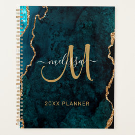 Chique Blauwgroen Goud Glitter Agaat Monogram 2024 Planner