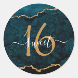 Chique Blauwgroen Gouden Glitter Agaat Sweet 16 Ronde Sticker