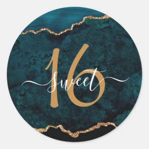 Chique Blauwgroen Gouden Glitter Agaat Sweet 16 Ronde Sticker