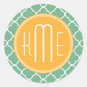 Chique Blauwgroen Groen Quatrefoil met Geel Monogr Ronde Sticker