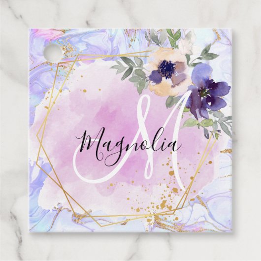 Chique Bloem Blauw Roze Goud Regenboog Marmer Mono Bedankjes Labels (Voorkant)