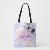 Chique Bloem Blauw Roze Goud Regenboog Marmer Mono Tote Bag (Voorkant)