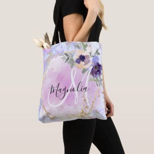Chique Bloem Blauw Roze Goud Regenboog Marmer Mono Tote Bag