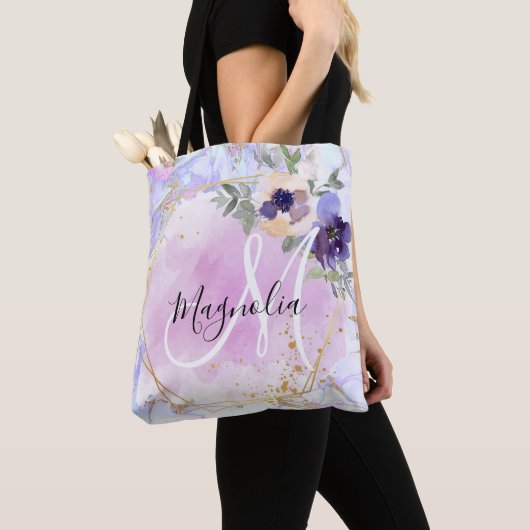 Chique Bloem Blauw Roze Goud Regenboog Marmer Mono Tote Bag (Dichtbij)