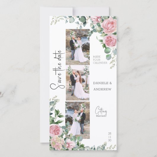 Chique bloemblaadjes roze roos eucalyptus fotostri save the date (Voorkant)