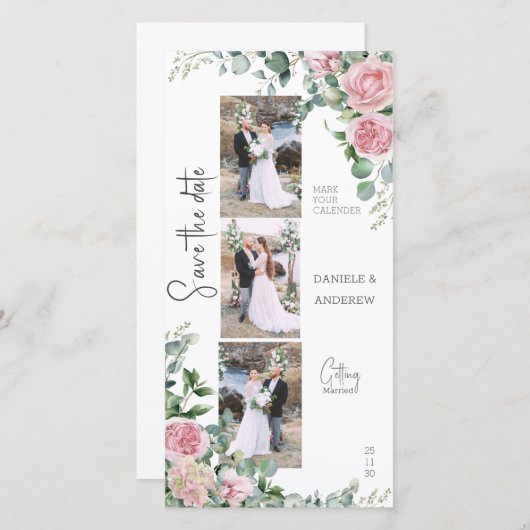 Chique bloemblaadjes roze roos eucalyptus fotostri save the date (Voorkant / Achterkant)