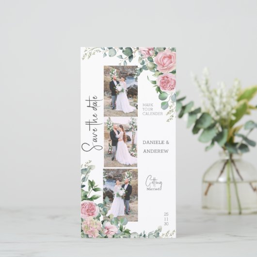 Chique bloemblaadjes roze roos eucalyptus fotostri save the date (Staand voorkant)