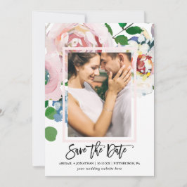 Chique Bloemboeket met Borstel Script Twee Foto Save The Date