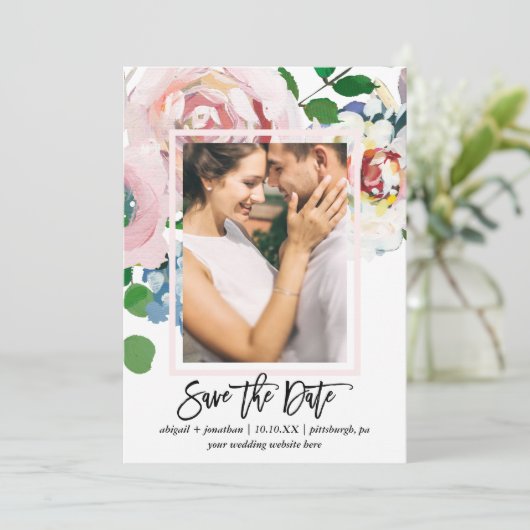 Chique Bloemboeket met Borstel Script Twee Foto Save The Date (Staand voorkant)