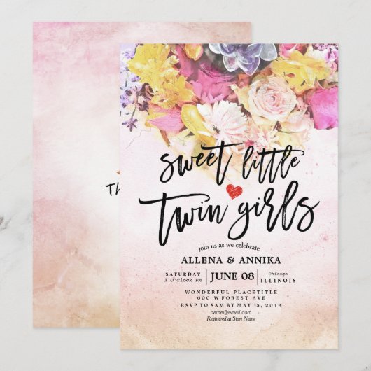 Chique Bloemen Baby Shower Zoete Kleine Tweeling M Kaart (Voorkant / Achterkant)