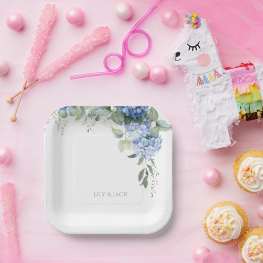 Chique Bloemen Blauw Hydrangea Evenement Bruiloft Papieren Bordje (Feest)