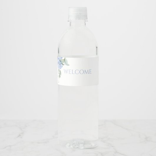 Chique Bloemen Blauw Hydrangea Evenement Bruiloft Waterfles Etiket (Voorkant)
