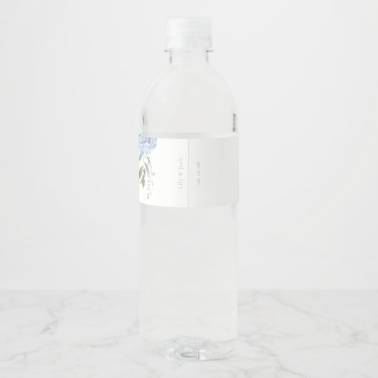 Chique Bloemen Blauw Hydrangea Evenement Bruiloft Waterfles Etiket (Achterkant)