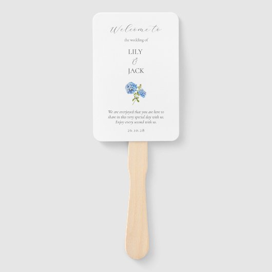 Chique Bloemen Blauw Wit Hydrangea Trouwprogramma Handwaaier (Voorkant)