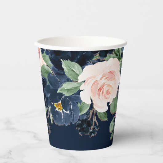 Chique Bloemen | Donker marineblauw en blozend roz Papieren Bekers (Voorkant)