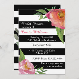 Chique bloemen en strepen bruids douche uitnodigin kaart