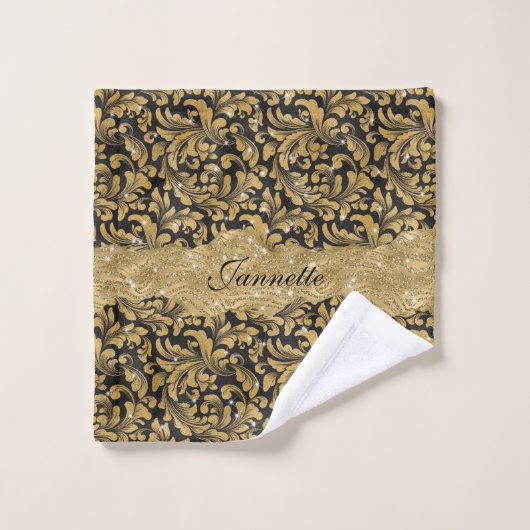 Chique Bloemen Glitterij Faux Zwart Goud Monogram Bad Handdoek (Wasdoekje)