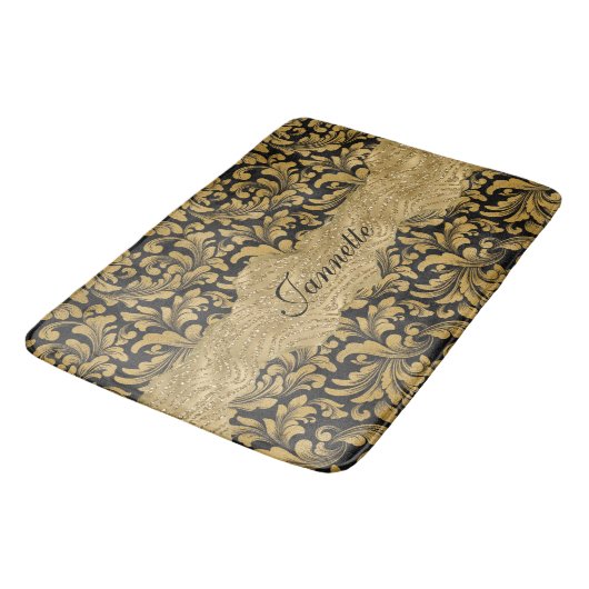 Chique Bloemen Glitterij Faux Zwart Goud Monogram Badmat (Gekanteld)