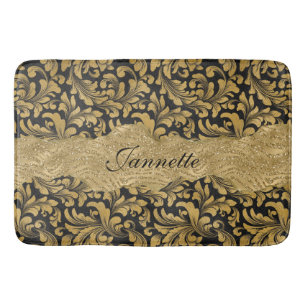 Chique Bloemen Glitterij Faux Zwart Goud Monogram Badmat